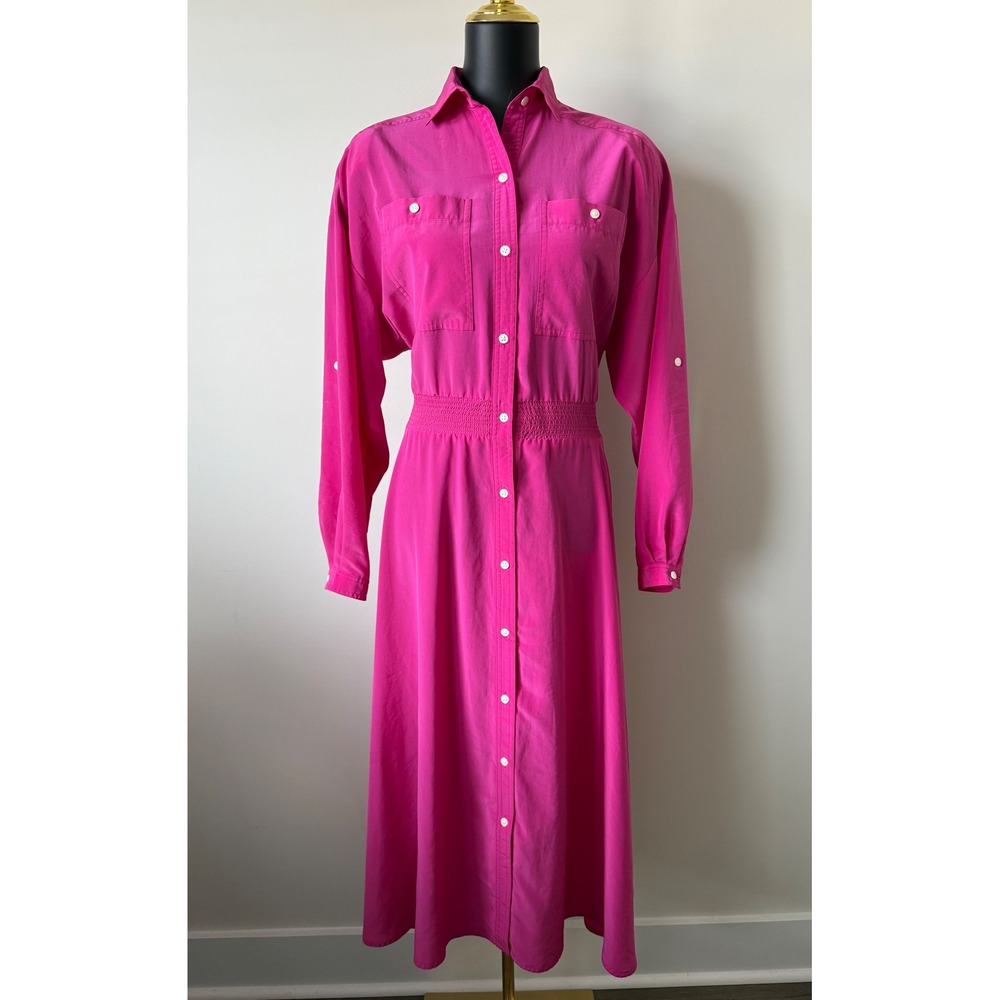Vintage Ms Chaus Hot Pink Smocked Waist Button Front Midi Shirt Dress Size 10
